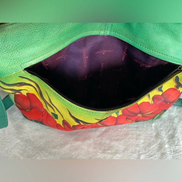 Anuschka hand-painted leather flap-over crossbody purse floral animal print - Picture 11 of 15